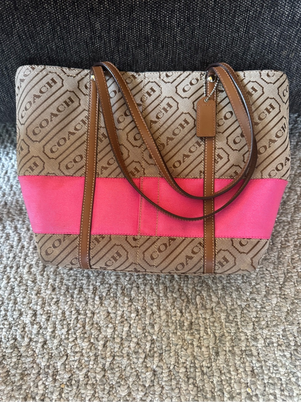 Coach Beige Signature Canvas Tote with Bright Pink Stripe and Tan Trim